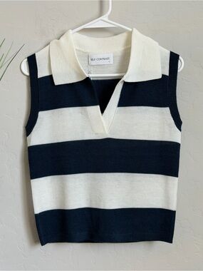 SELF CONTRAST Sleeveless Polo Sweater - Navy & Cream Stripes